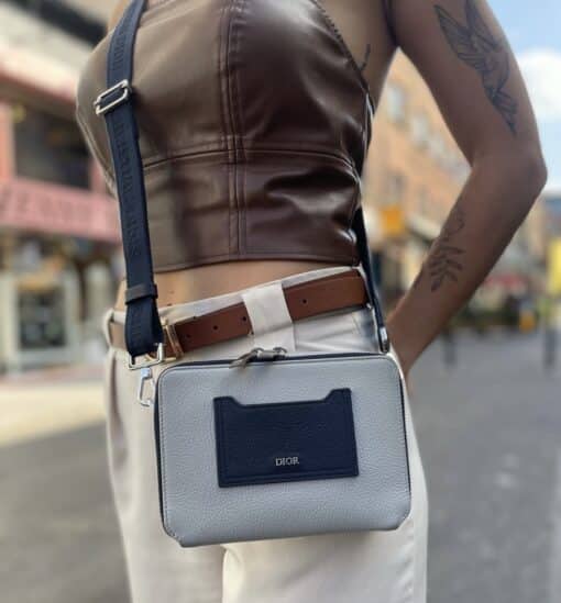 CHRISTIAN DIOR Grained Calfskin Playful Messenger Bag in Navy/Grey