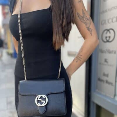 GUCCI Dollar Calfskin Small Interlocking G Shoulder Crossbody Bag Black
