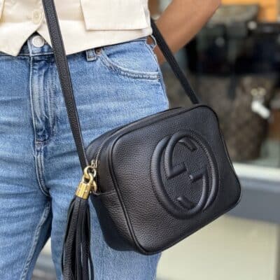 GUCCI Pebbled Calfskin Small Soho Disco Bag Black Crossbody.