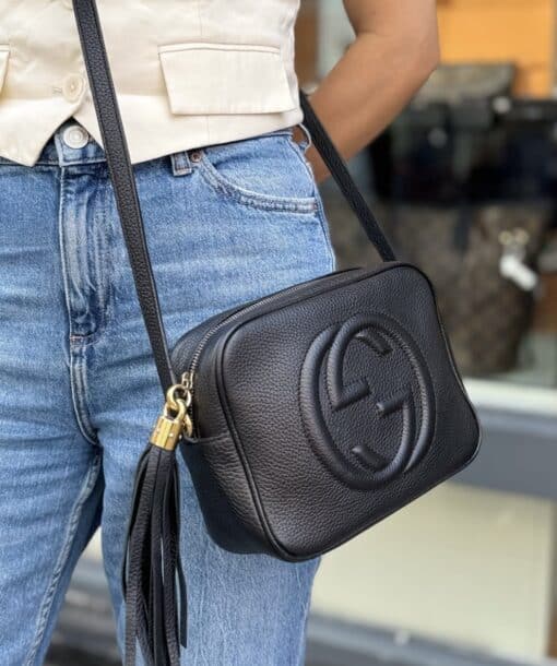 GUCCI Pebbled Calfskin Small Soho Disco Bag Black Crossbody.