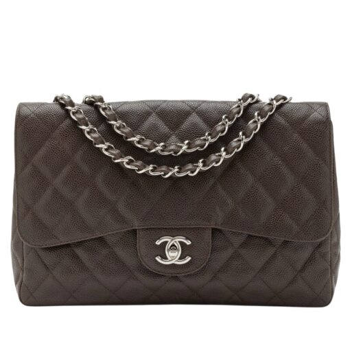 Chanel Dark Brown Quilted Caviar Jumbo Classic Single Flap Bag Silver Hardware - Image 7