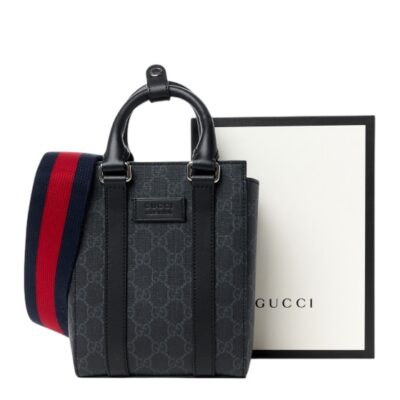 GUCCI GG Supreme Monogram Appia Calfskin Web Mini Tote Bag Black