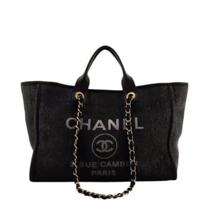 CHANEL Woven Straw Raffia Medium Deauville Tote Black.