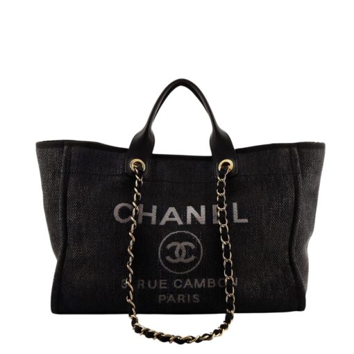 CHANEL Woven Straw Raffia Medium Deauville Tote Black.