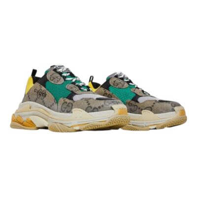 BALENCIAGA X GUCCI Maxi GG Supreme Monogram Mens Triple S Sneakers 43 Beige Ebony Black Green