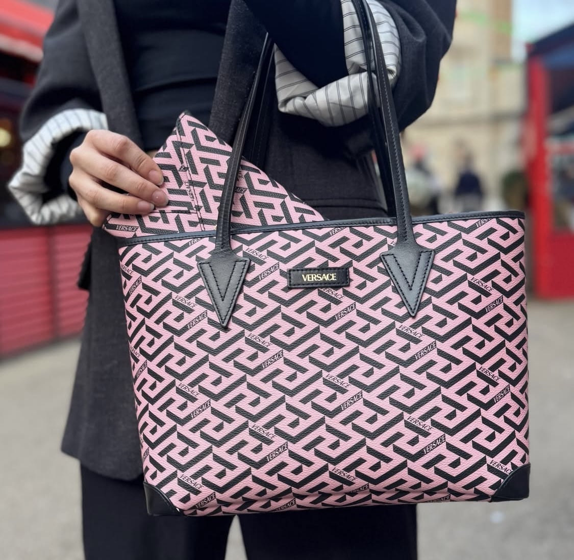 VERSACE Coated Canvas Calfskin La Greca Signature Tote Bag Black /Pink.