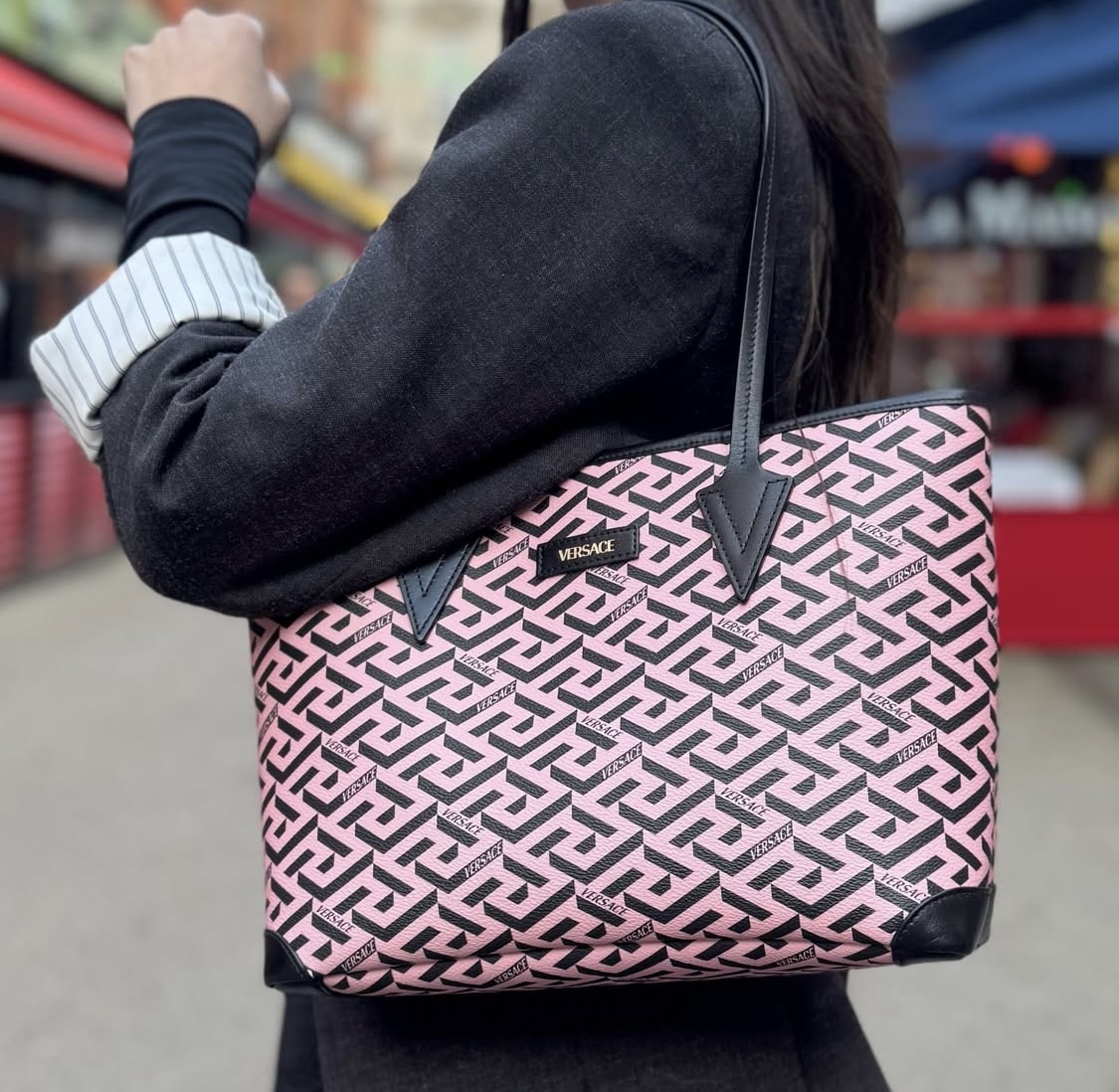 VERSACE Coated Canvas Calfskin La Greca Signature Tote Bag Black /Pink. - Image 7