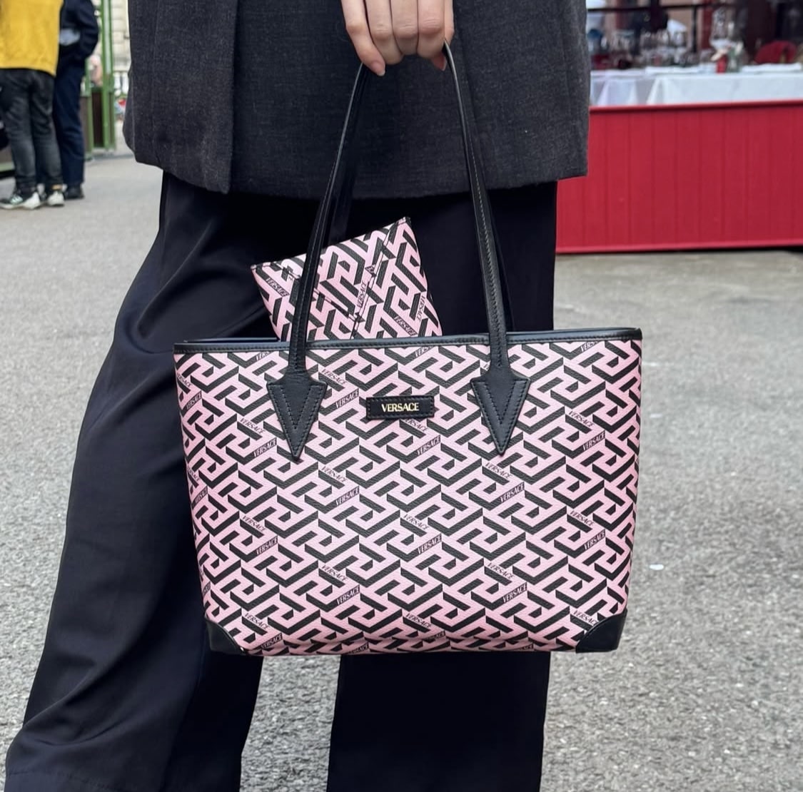 VERSACE Coated Canvas Calfskin La Greca Signature Tote Bag Black /Pink. - Image 8