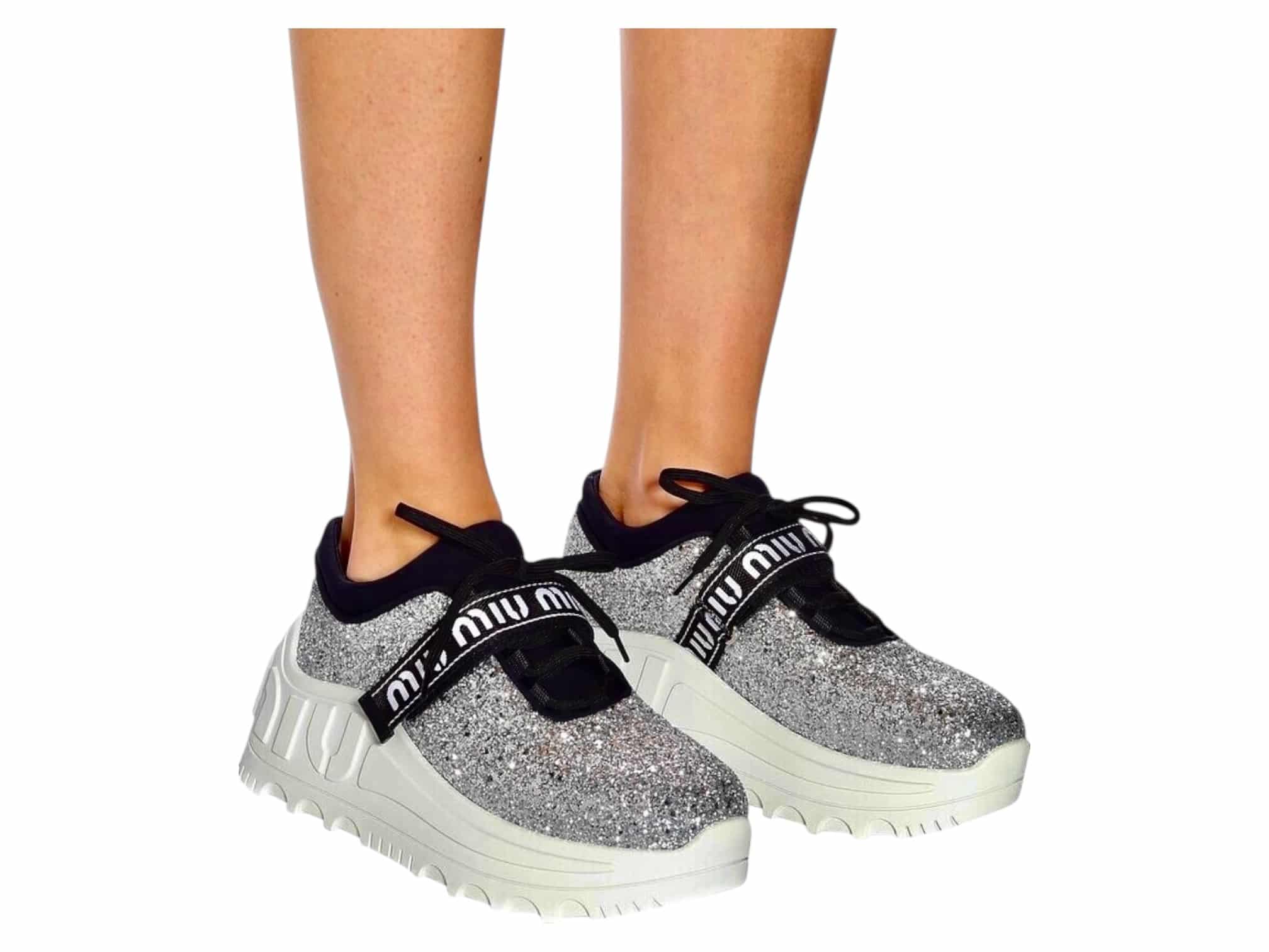 MIU MIU Glitter Logo Strap Chunky Sneakers (Size 37)