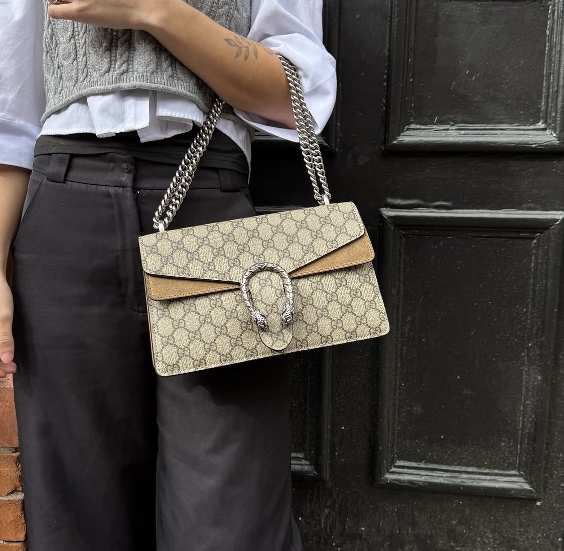 GUCCI GG Supreme Monogram Small Dionysus Shoulder Bag Taupe