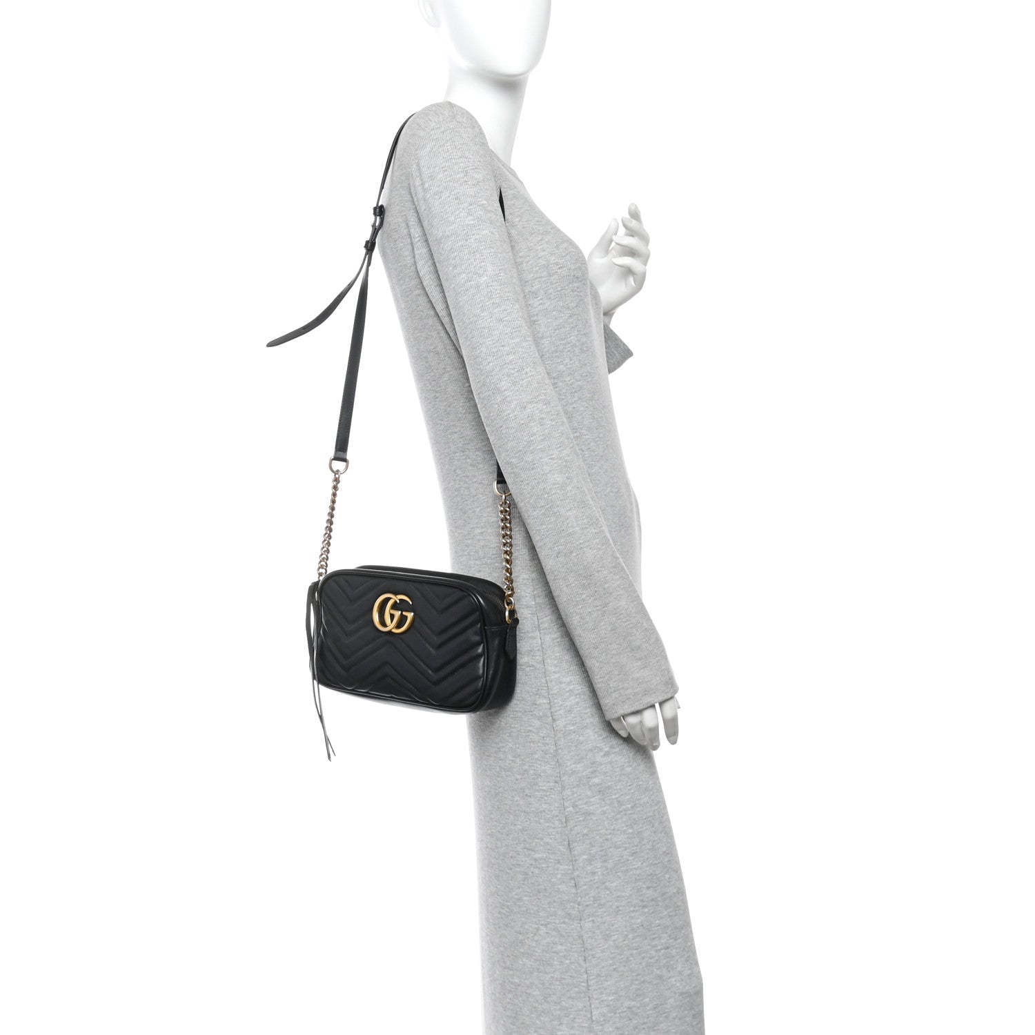 Gucci Calfskin Matelasse Small GG Marmont Chain Shoulder Bag Black. - Image 2