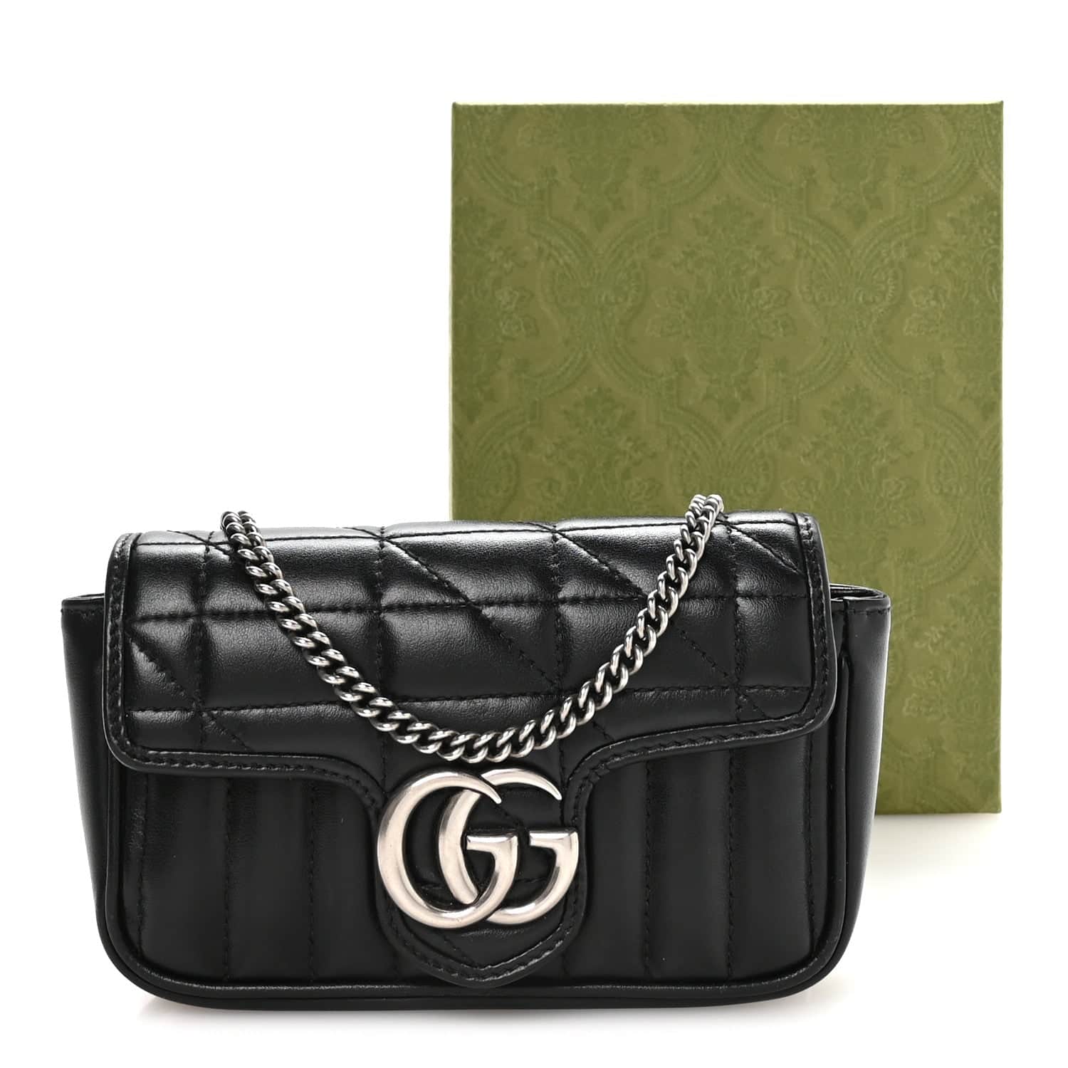 GUCCI Calfskin Matelasse Aria Super Mini GG Marmont Crossbody Bag in Black