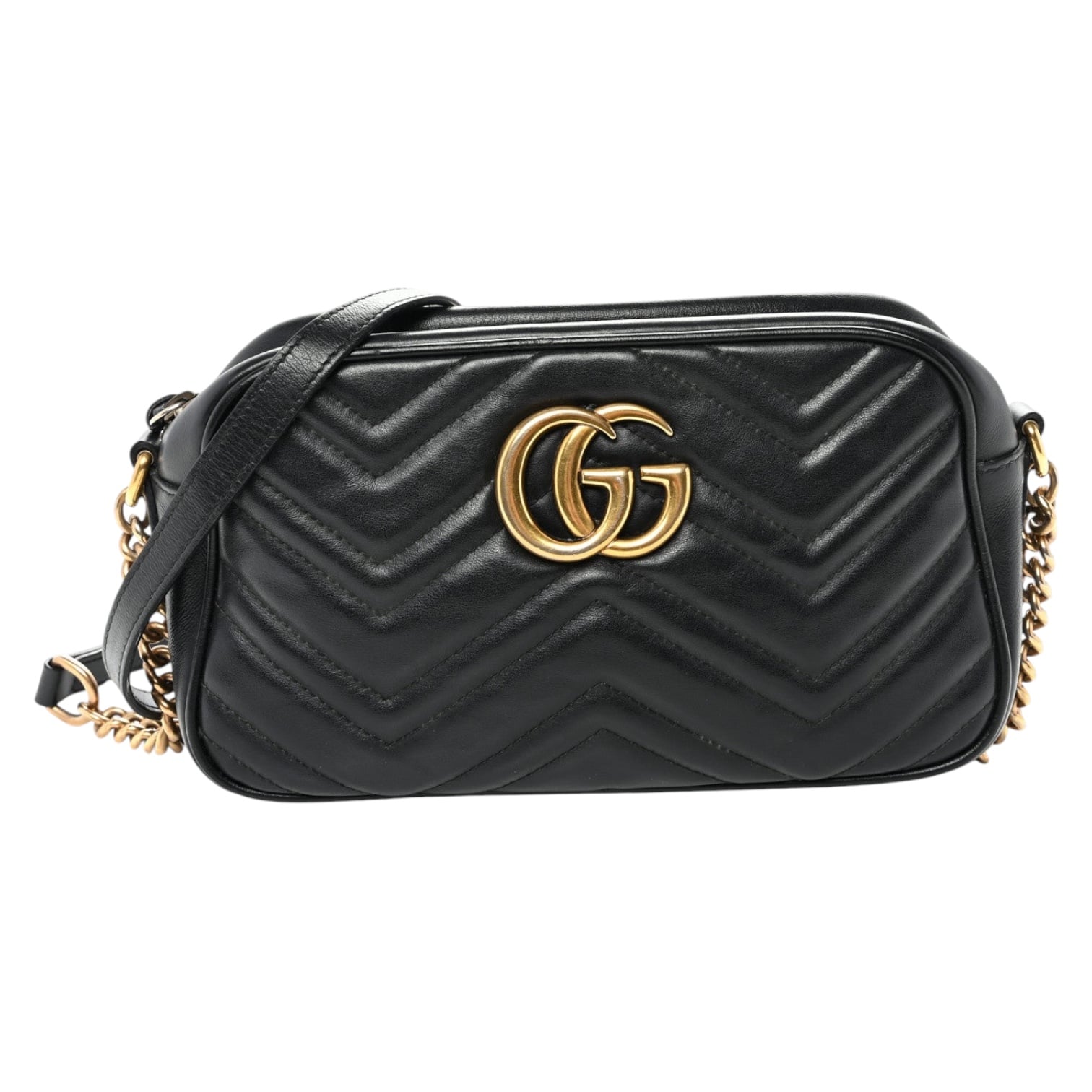 Gucci Calfskin Matelasse Small GG Marmont Chain Shoulder Bag Black.