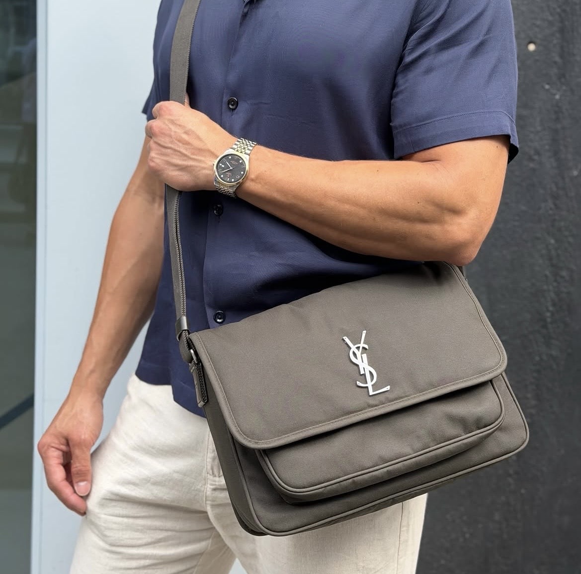 SAINT LAURENT Niki Canvas Messenger Bag in Dark Green.
