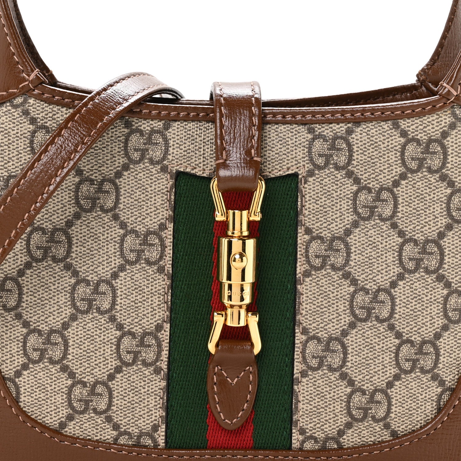 GUCCI GG Supreme Monogram Azalea Calfskin Web Mini Jackie 1961 Hobo Beige Ebony Brown Sugar - Image 7