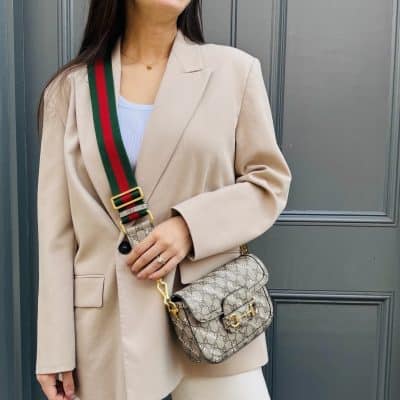 GUCCI X BALENCIAGA GG Supreme Monogram Web Logo Print Mini Horsebit 1955 Shoulder Bag Beige Ebony.