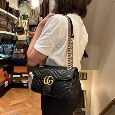 GUCCI Calfskin Matelasse Small GG Marmont Shoulder Bag Black