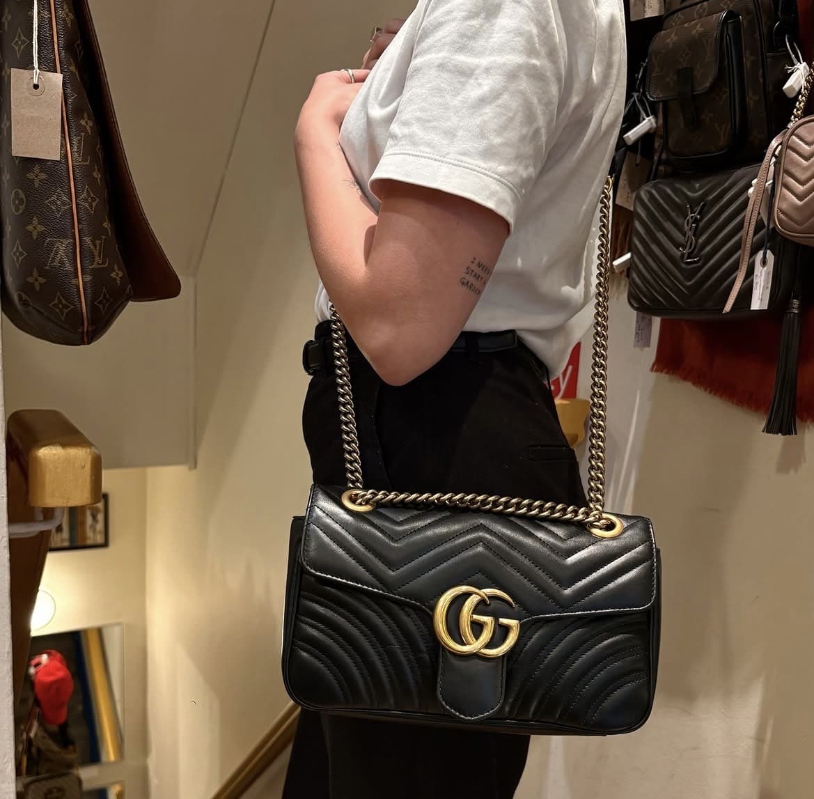 GUCCI Calfskin Matelasse Small GG Marmont Shoulder Bag Black - Image 17