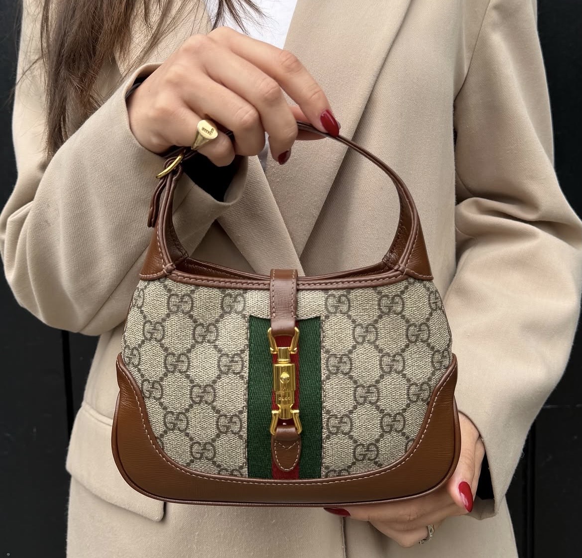 GUCCI GG Supreme Monogram Azalea Calfskin Web Mini Jackie 1961 Hobo Beige Ebony Brown Sugar - Image 12