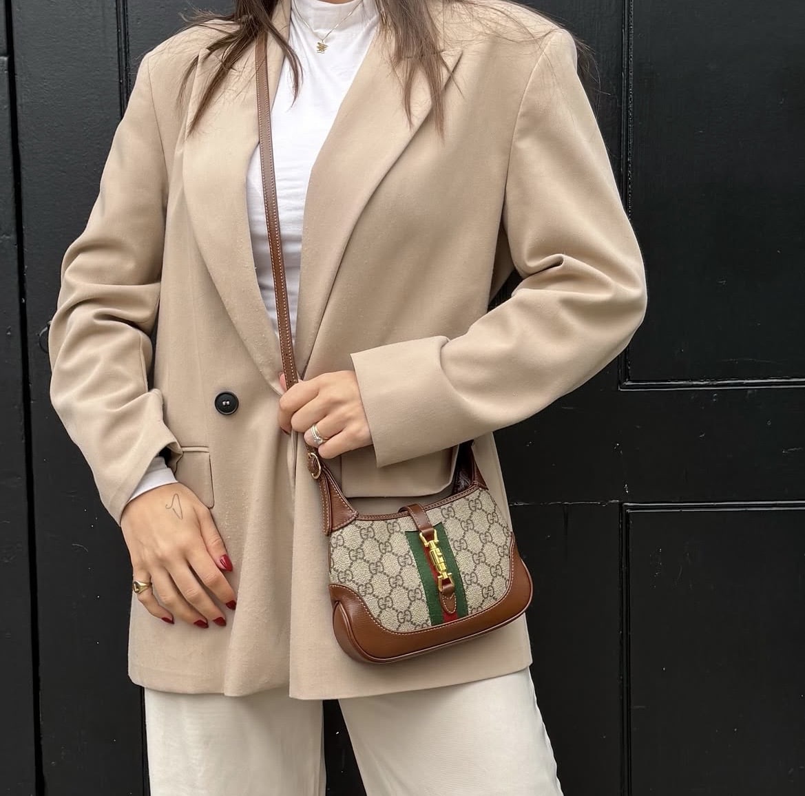 GUCCI GG Supreme Monogram Azalea Calfskin Web Mini Jackie 1961 Hobo Beige Ebony Brown Sugar - Image 11