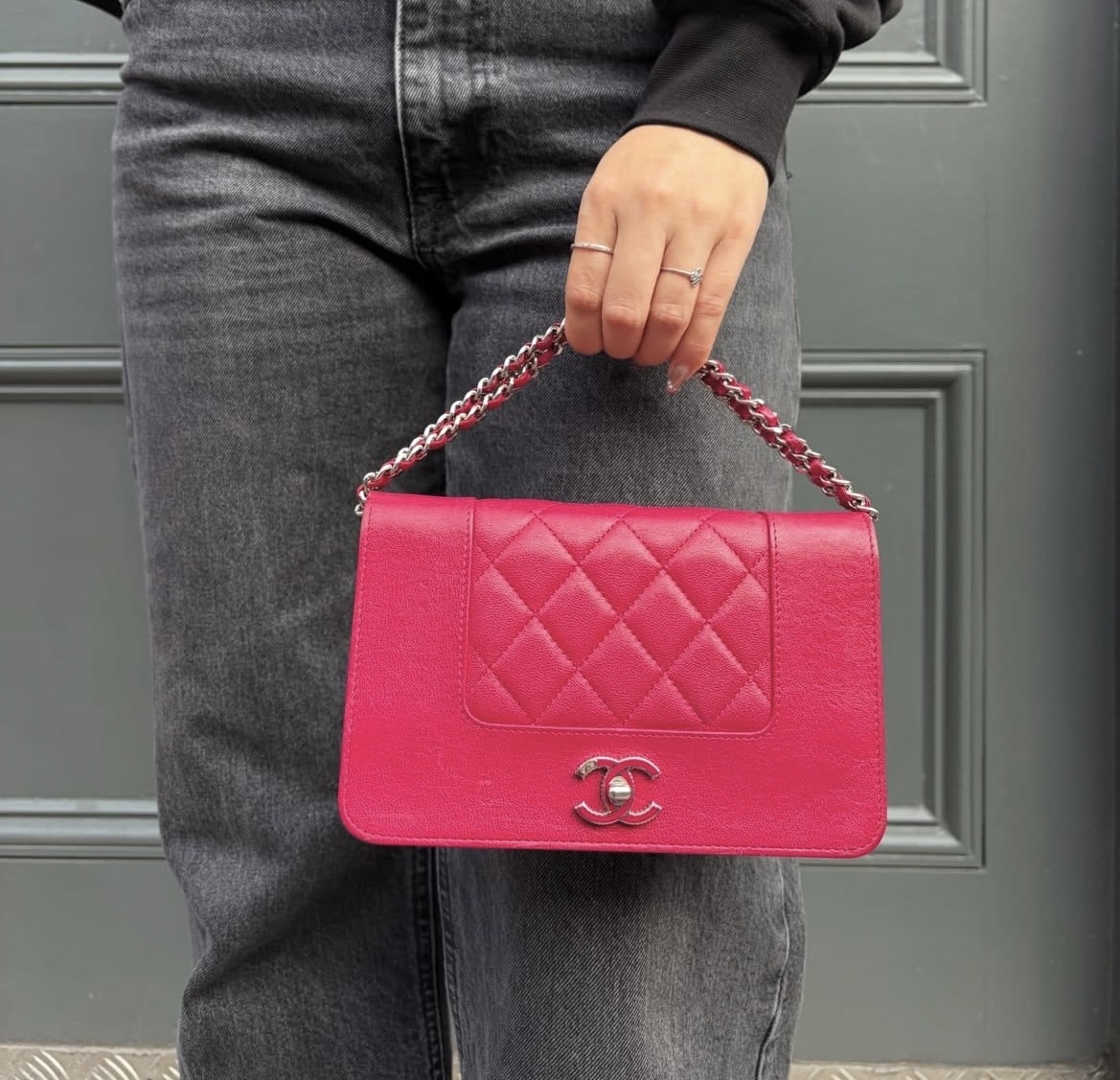 CHANEL Sheepskin Quilted Mademoiselle Wallet On Chain WOC in Fuchsia Pink - Image 12