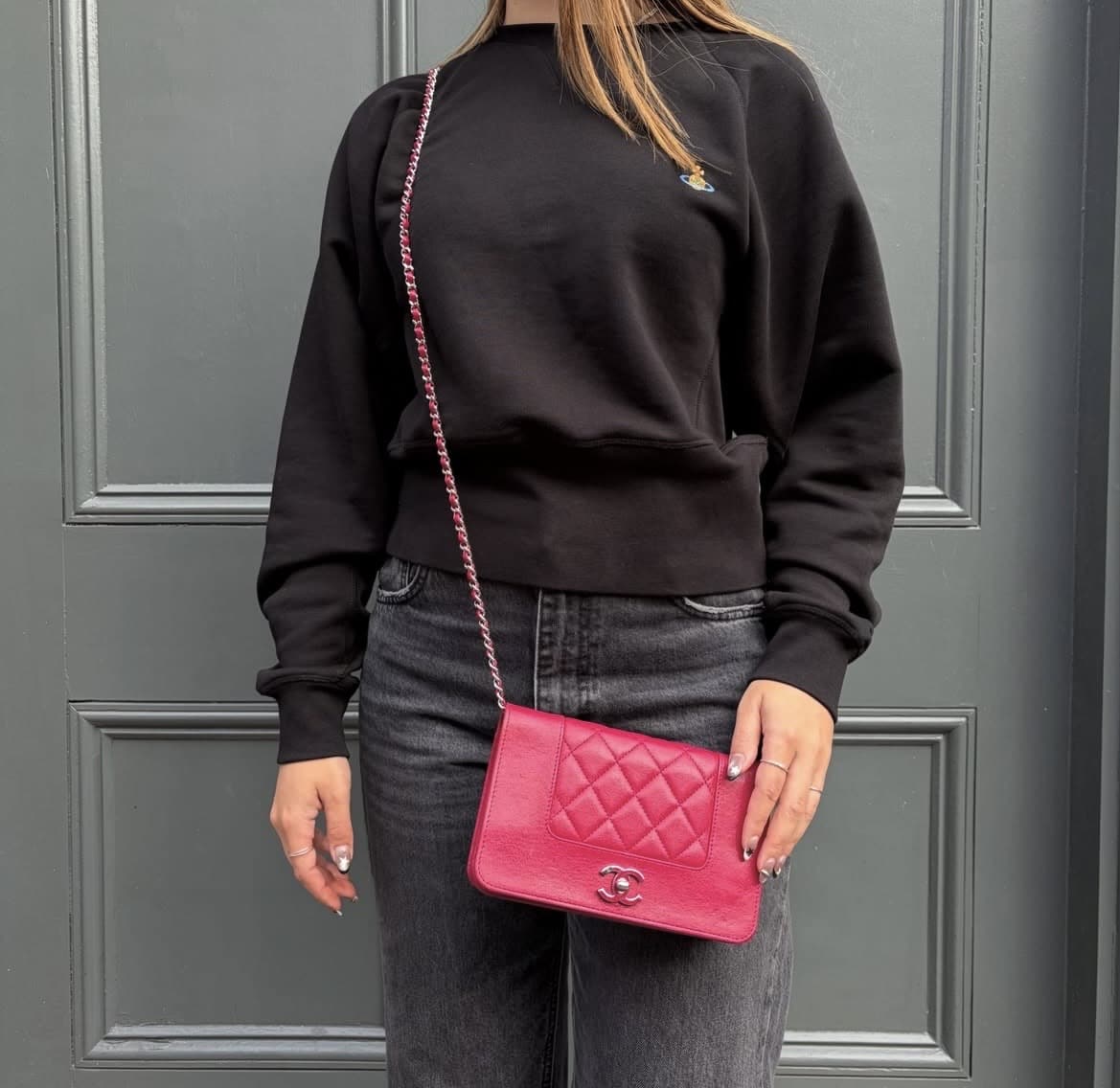 CHANEL Sheepskin Quilted Mademoiselle Wallet On Chain WOC in Fuchsia Pink - Image 13