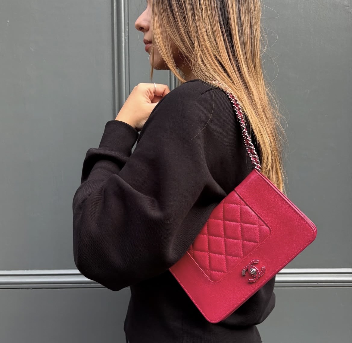 CHANEL Sheepskin Quilted Mademoiselle Wallet On Chain WOC in Fuchsia Pink