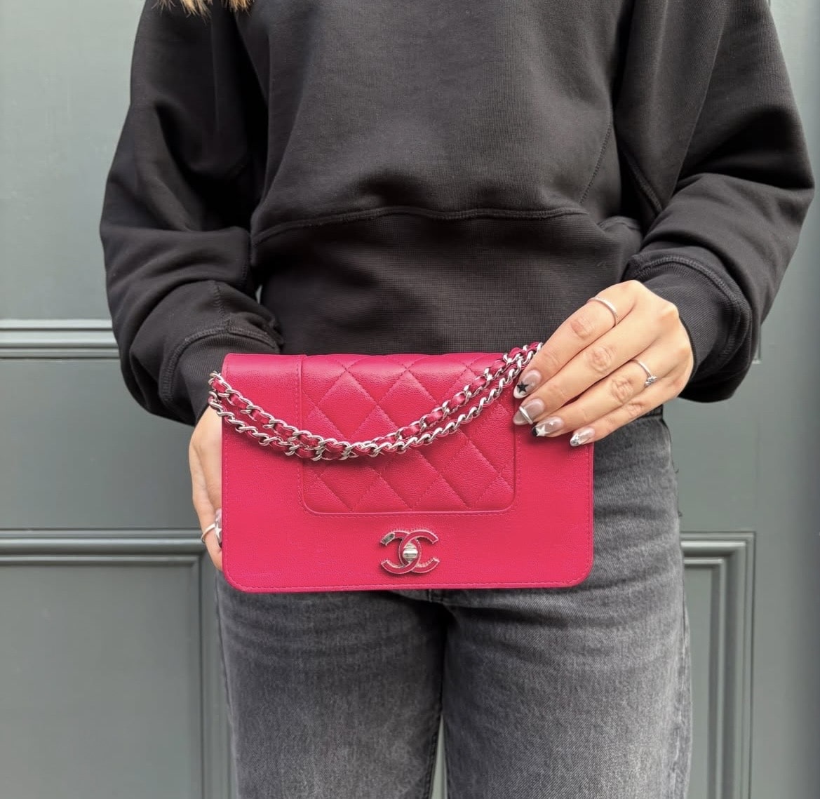 CHANEL Sheepskin Quilted Mademoiselle Wallet On Chain WOC in Fuchsia Pink - Image 14