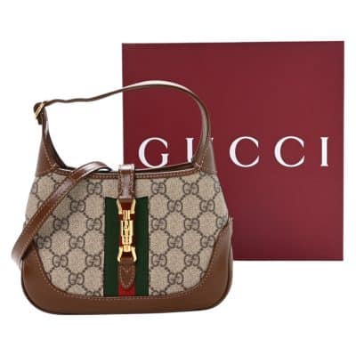 GUCCI GG Supreme Monogram Azalea Calfskin Web Mini Jackie 1961 Hobo Beige Ebony Brown Sugar