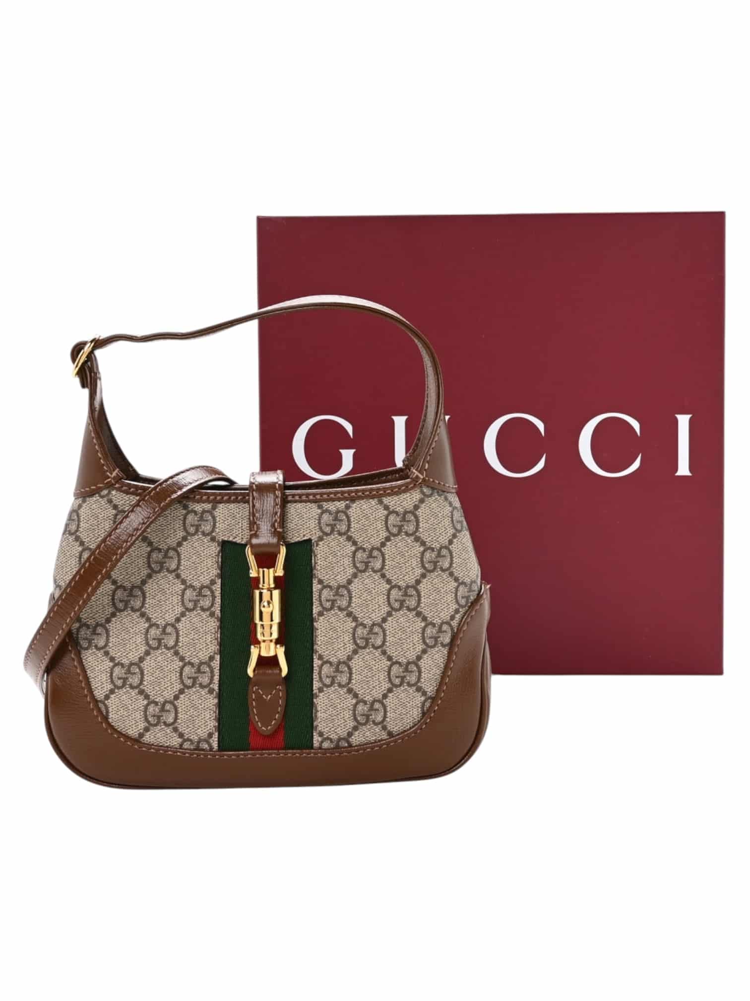 GUCCI GG Supreme Monogram Azalea Calfskin Web Mini Jackie 1961 Hobo Beige Ebony Brown Sugar