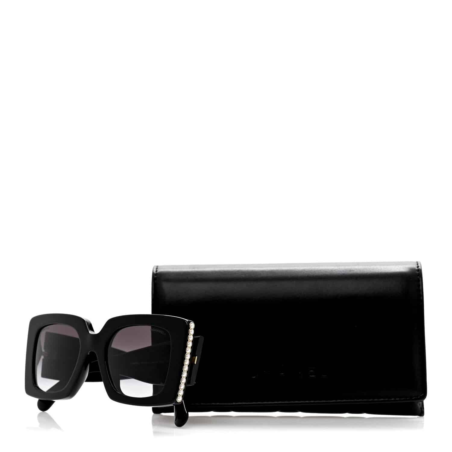 CHANEL Acetate Pearl Rectangle Ladies Sunglasses Black