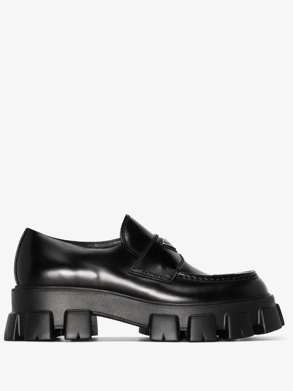 PRADA Spazzolato Rois Metal Triangle Logo Monolith 55mm Loafers Black (Size 37.5) - Image 2