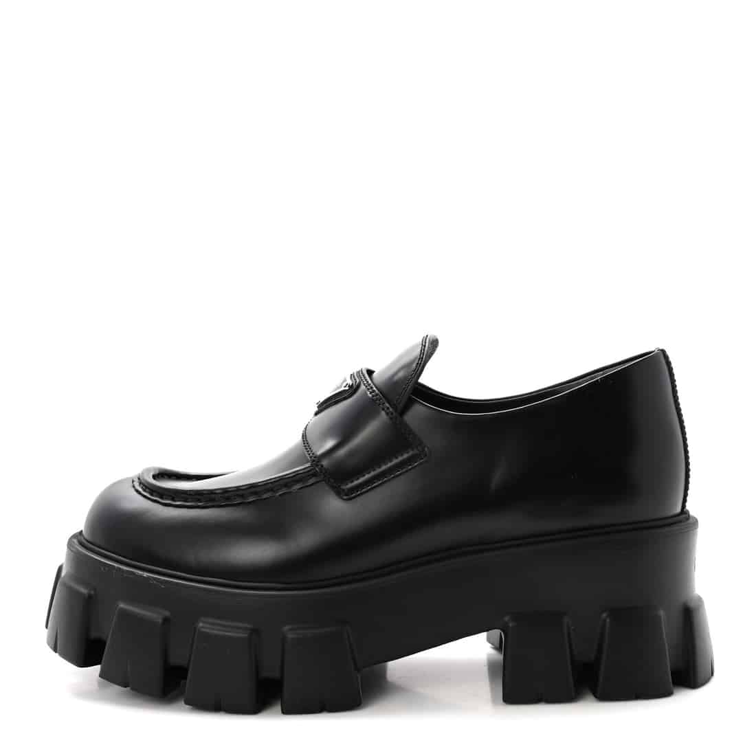 PRADA Spazzolato Rois Metal Triangle Logo Monolith 55mm Loafers Black (Size 37.5) - Image 4