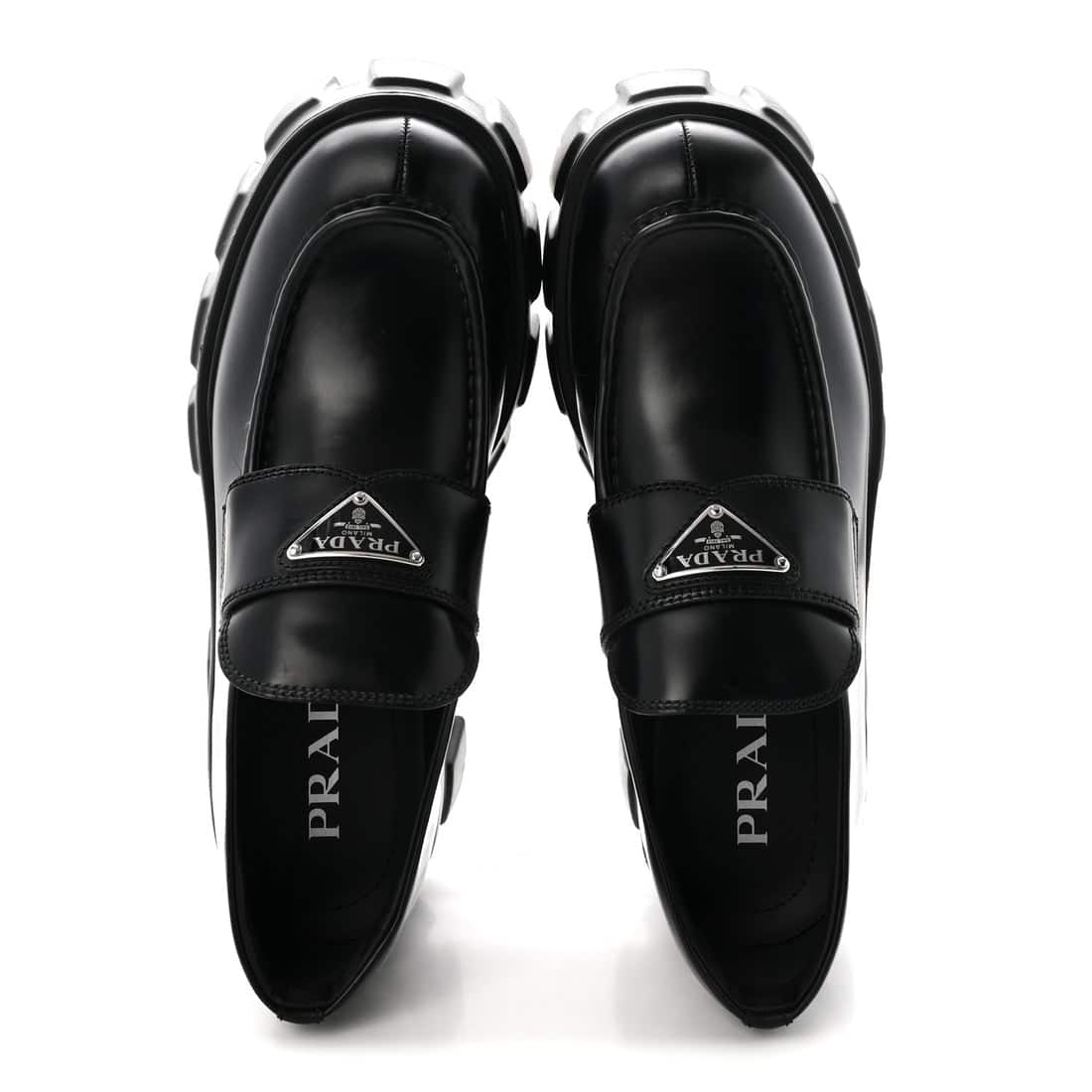 PRADA Spazzolato Rois Metal Triangle Logo Monolith 55mm Loafers Black (Size 37.5) - Image 5