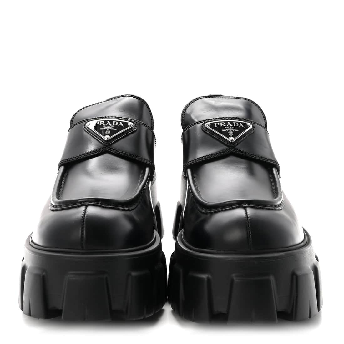 PRADA Spazzolato Rois Metal Triangle Logo Monolith 55mm Loafers Black (Size 37.5) - Image 6