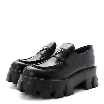 PRADA Spazzolato Rois Metal Triangle Logo Monolith 55mm Loafers Black (Size 37.5)