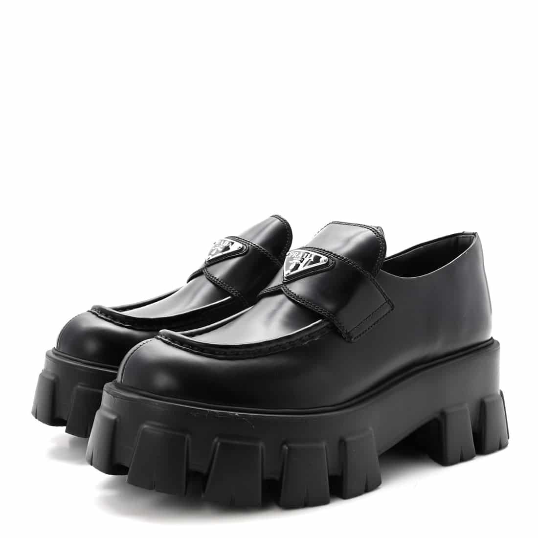 PRADA Spazzolato Rois Metal Triangle Logo Monolith 55mm Loafers Black (Size 37.5)