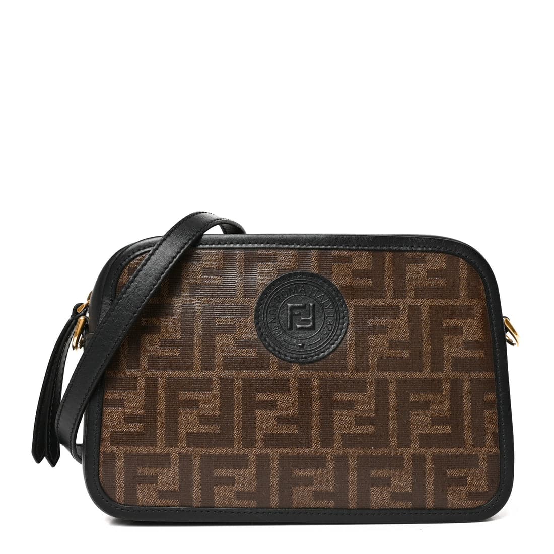 FENDI Glazed Fabric Vitello Century FF 1974 Stamp Patch Camera Case Mogano Panna Black - Image 2