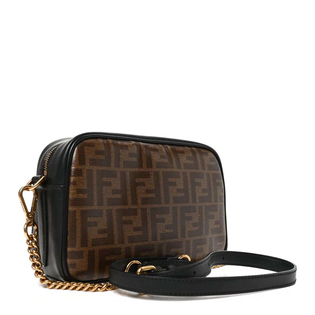 FENDI Glazed Fabric Vitello Century FF 1974 Stamp Patch Camera Case Mogano Panna Black - Image 3