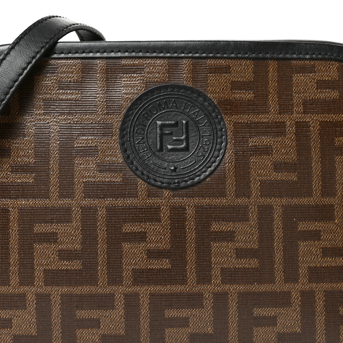 FENDI Glazed Fabric Vitello Century FF 1974 Stamp Patch Camera Case Mogano Panna Black - Image 8