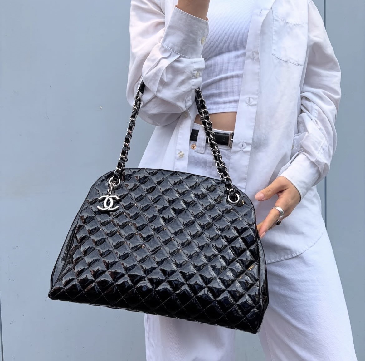 CHANEL Patent Quilted Just Mademoiselle Bowling Bag Black - Image 12