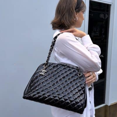 CHANEL Patent Quilted Just Mademoiselle Bowling Bag Black
