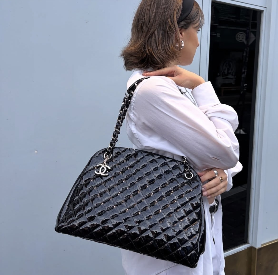 CHANEL Patent Quilted Just Mademoiselle Bowling Bag Black