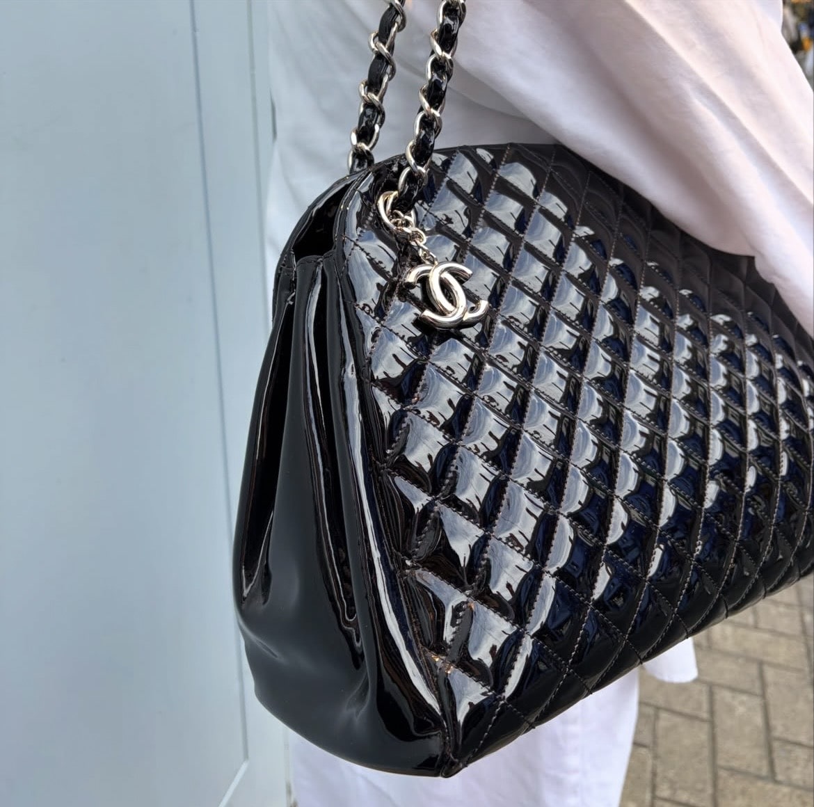 CHANEL Patent Quilted Just Mademoiselle Bowling Bag Black - Image 13