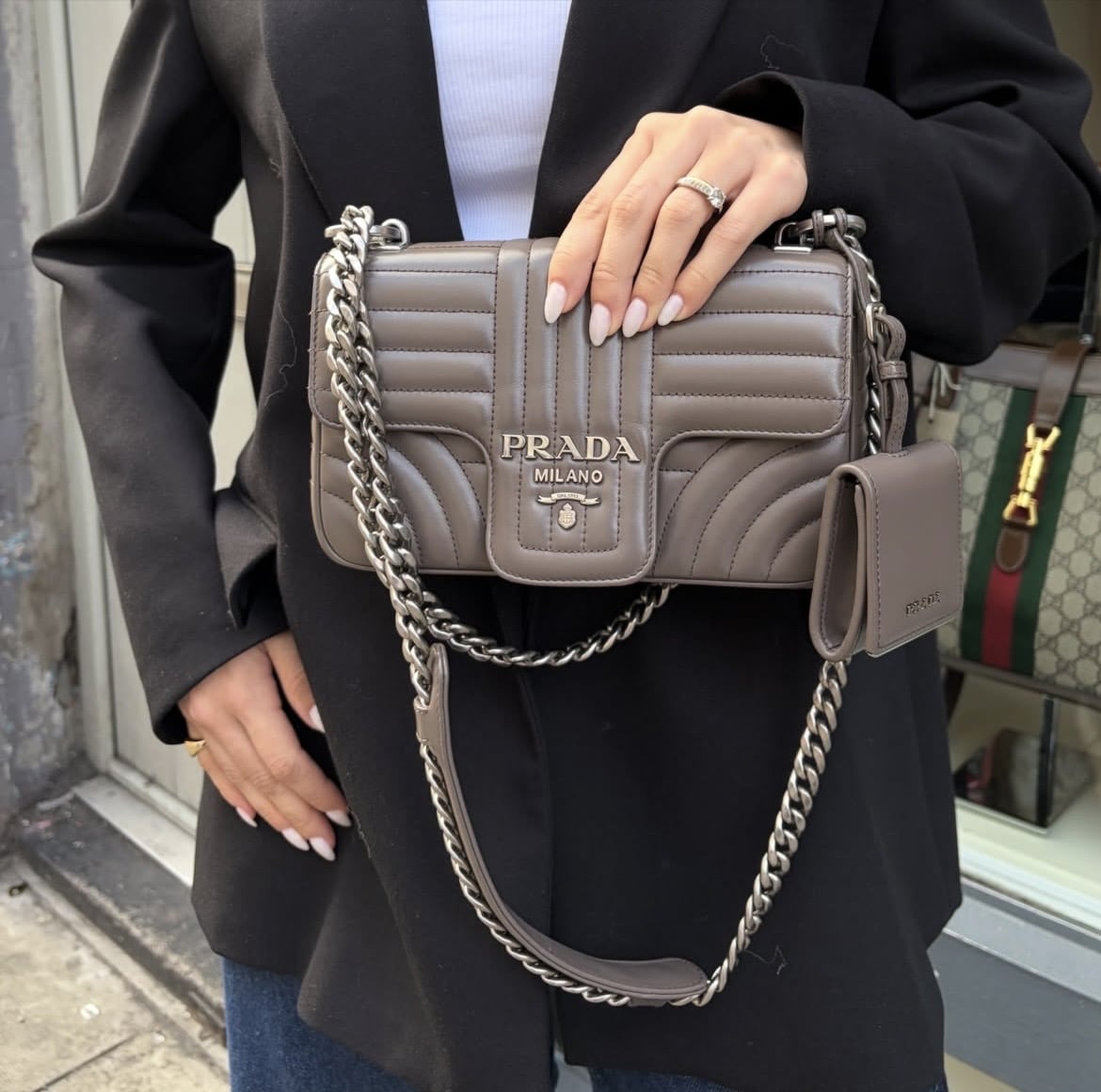 PRADA Soft Calfskin Impunture Diagramme Medium Chain Flap Shoulder Bag Bambu - Image 12