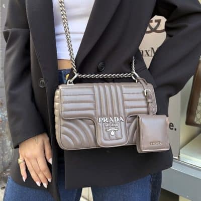 PRADA Soft Calfskin Impunture Diagramme Medium Chain Flap Shoulder Bag Bambu