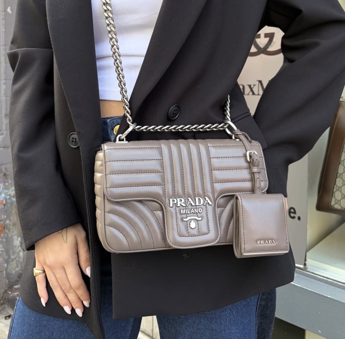 PRADA Soft Calfskin Impunture Diagramme Medium Chain Flap Shoulder Bag Bambu