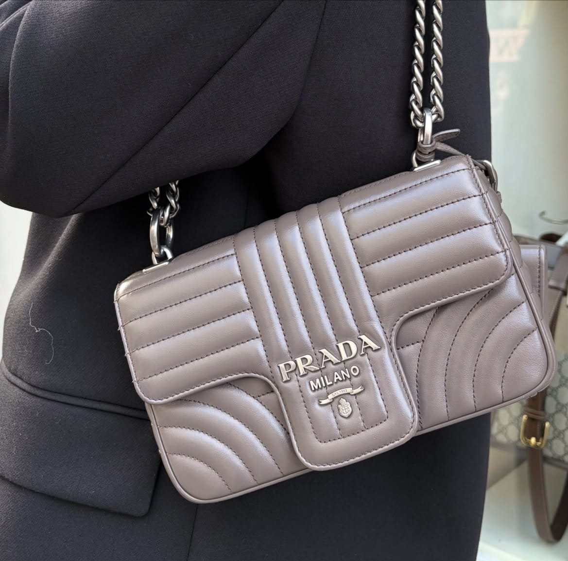 PRADA Soft Calfskin Impunture Diagramme Medium Chain Flap Shoulder Bag Bambu - Image 13