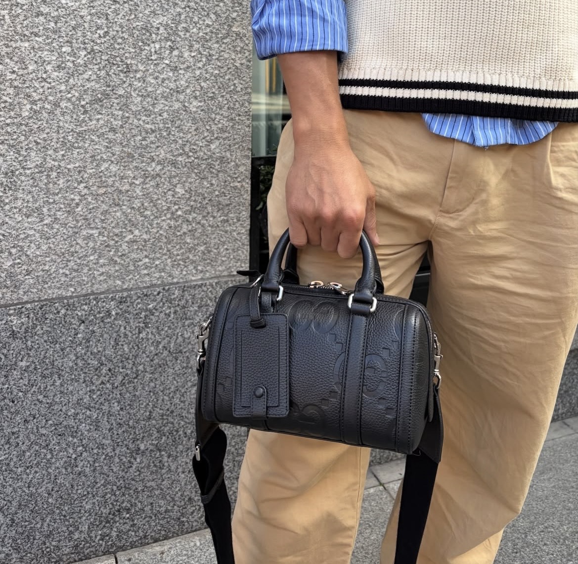 GUCCI Piuma Calfskin Jumbo GG Embossed Mini Duffle Crosbody Bag in Black. - Image 10