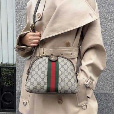 GUCCI GG Supreme Monogram Textured Dollar Calfskin Web Small Ophidia Dome Shoulder Bag Beige Ebony New Acero.